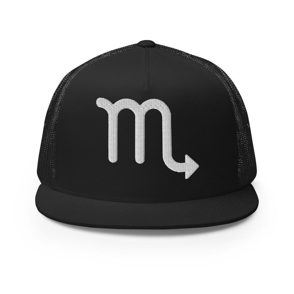 Scorpio Zodiac Embroidered Flat Bill Trucker Hat - Black Color - https://ascensionemporium.net